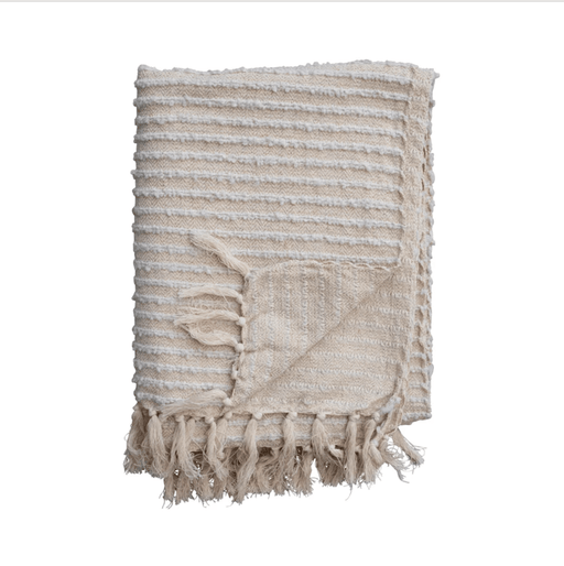 Cotton & Acrylic Throw w/ Fringe, Stripes & Gold Thread, Beige & White - Sweatfully