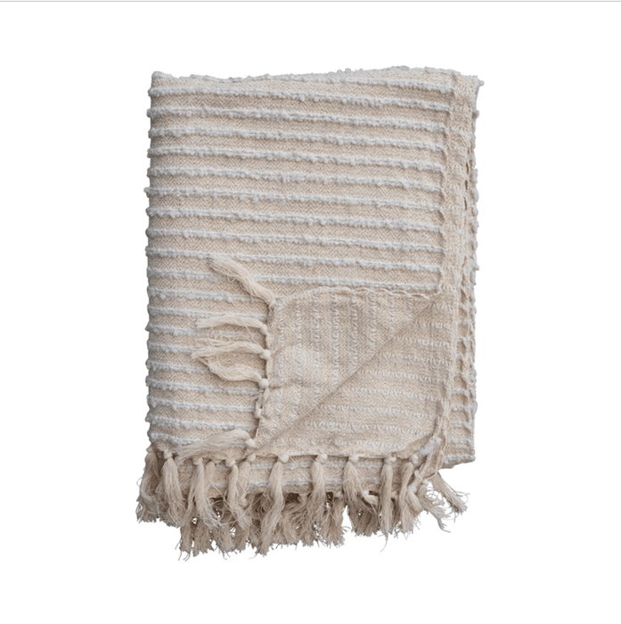 Cotton & Acrylic Throw w/ Fringe, Stripes & Gold Thread, Beige & White - Sweatfully