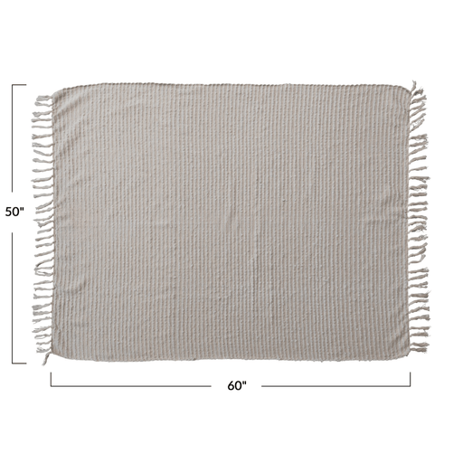 Cotton & Acrylic Throw w/ Fringe, Stripes & Gold Thread, Beige & White - Sweatfully