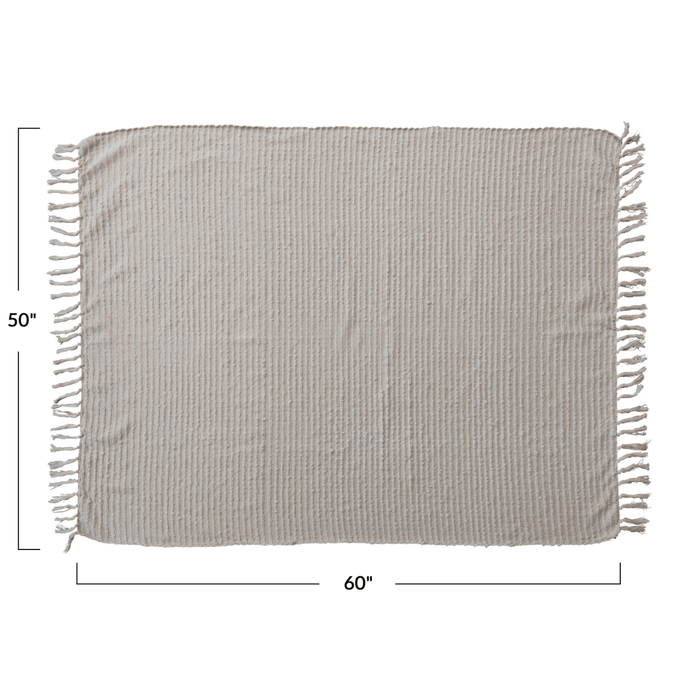 Cotton & Acrylic Throw w/ Fringe, Stripes & Gold Thread, Beige & White - Sweatfully