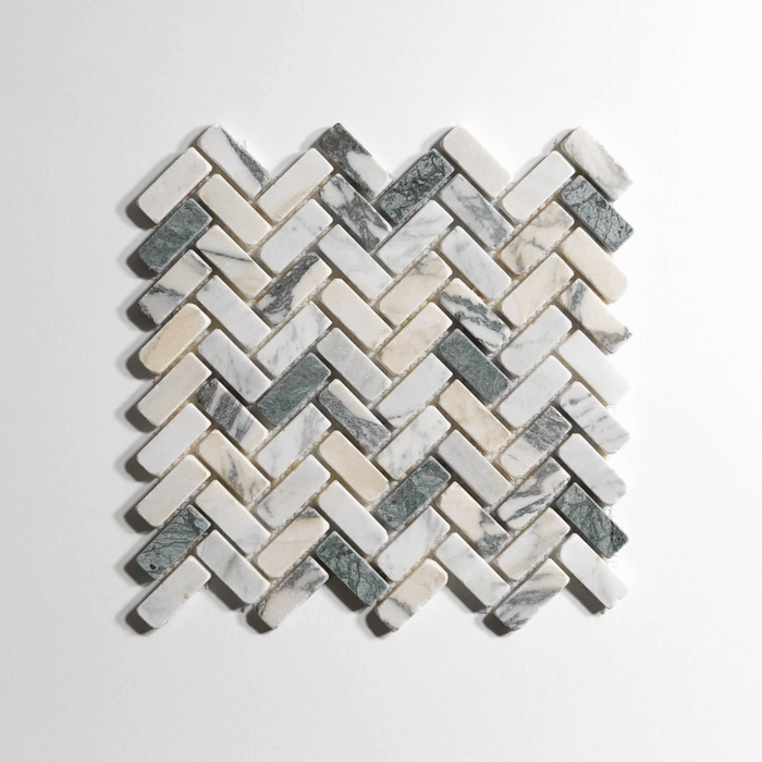 Monet Tumbled Mini Herringbone Marble Tile - Sweatfully