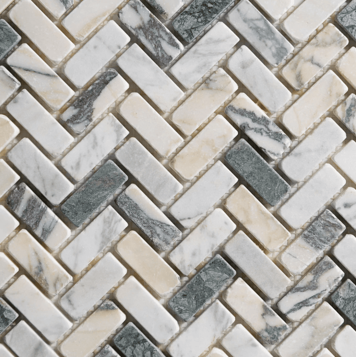 Monet Tumbled Mini Herringbone Marble Tile - Sweatfully
