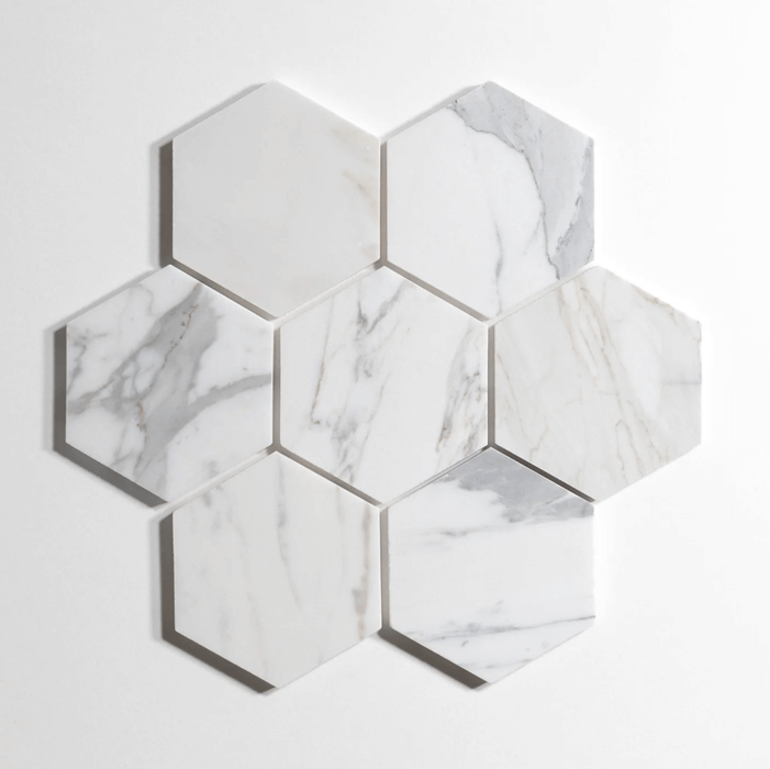 Calacatta 5" Hexagon Polished Marble Tile - Sweatfully