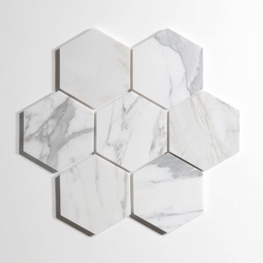 Calacatta 5" Hexagon Honed Marble Tile - Sweatfully