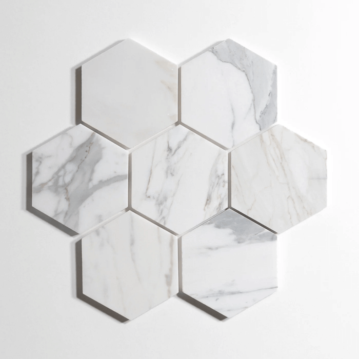 Calacatta 5" Hexagon Honed Marble Tile - Sweatfully