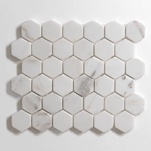 Colorado Calacatta Tumbled Hexagon Mosaic Marble Tile - Sweatfully