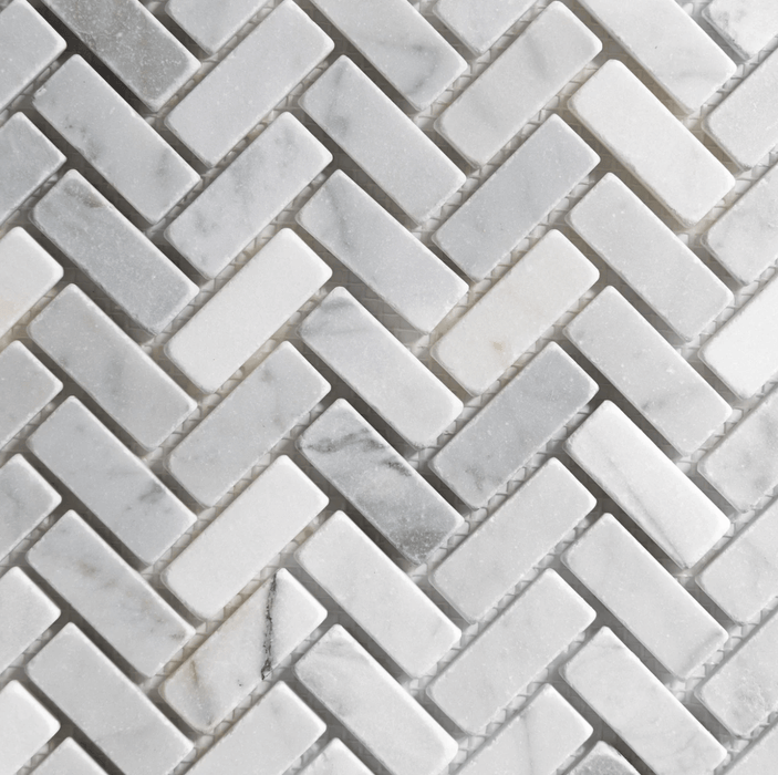 Antique Carrara Mini Herringbone Marble Tile - Sweatfully