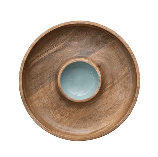 Mango Wood Lazy Susan Server w/ 2 Sections & Enameled Center, Natural & Blue - Sweatfully