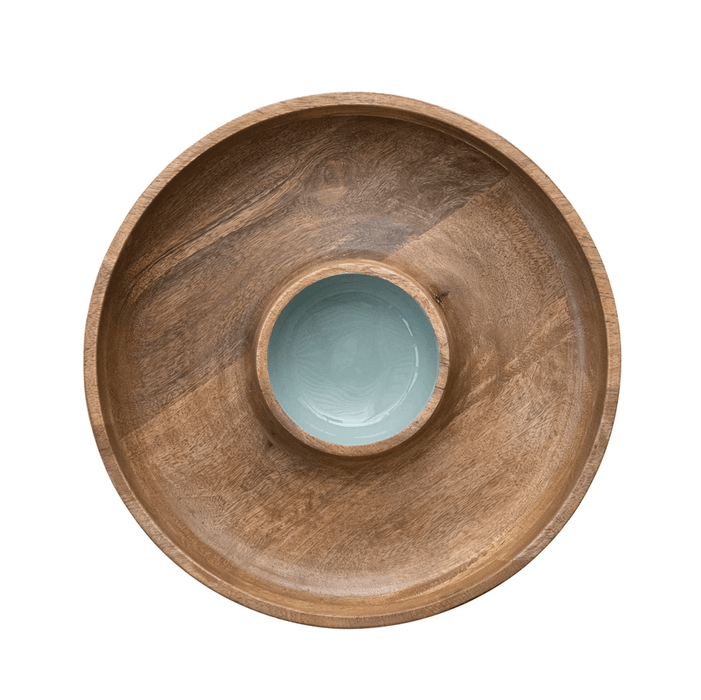Mango Wood Lazy Susan Server w/ 2 Sections & Enameled Center, Natural & Blue - Sweatfully
