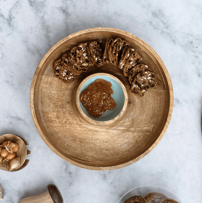 Mango Wood Lazy Susan Server w/ 2 Sections & Enameled Center, Natural & Blue - Sweatfully