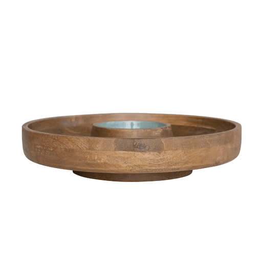 Mango Wood Lazy Susan Server w/ 2 Sections & Enameled Center, Natural & Blue - Sweatfully