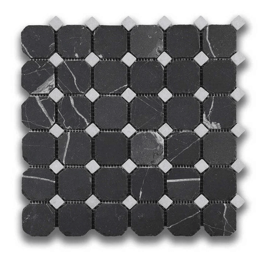 Nero St. Gabriel & Crystal White Octagon Mosaic Honed Marble Tile - Sweatfully
