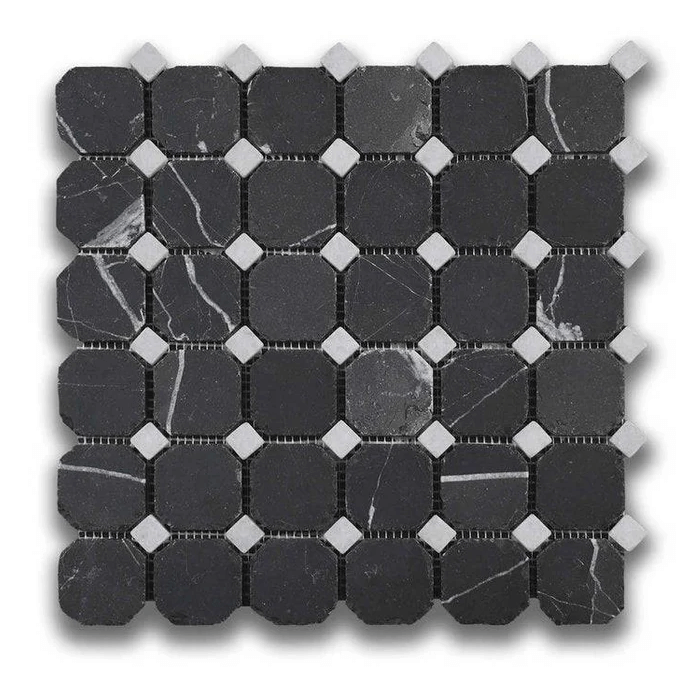 Nero St. Gabriel & Crystal White Octagon Mosaic Honed Marble Tile - Sweatfully