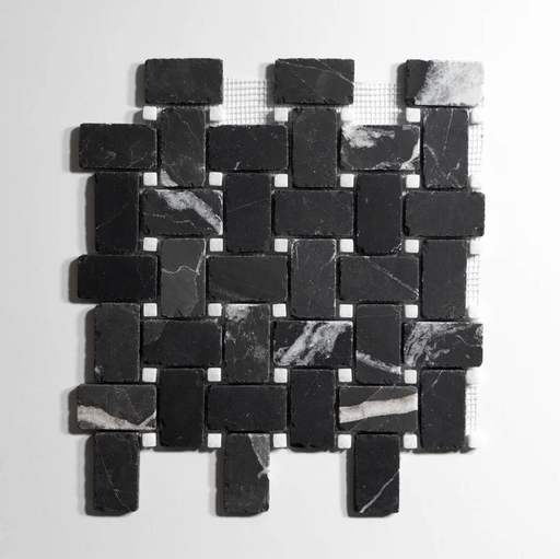 Nero St. Gabriel / Crystal White Basket Weave Marble Mosaic Honed - Sweatfully