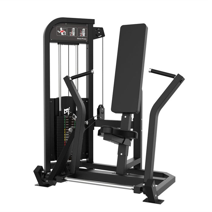 Excel Seated Chest Press - Muscle D Fitness - Selectorized Bench Press - Gas Shock Assisted Seat Adjustment - Sweatfully
