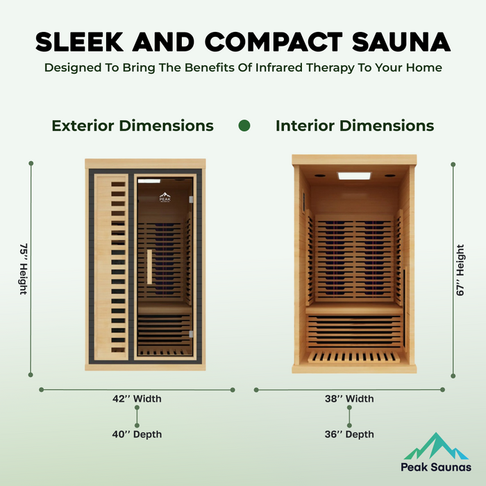Peak Saunas Shasta 1-Person Indoor Full Spectrum Infrared Sauna with XL Medical-Grade Red Light Therapy & Smart WiFi App Control - Sweatfully