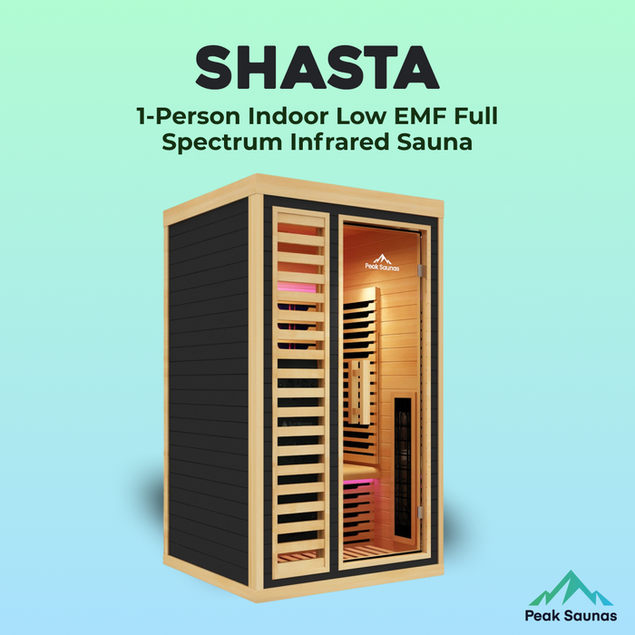 Peak Saunas Shasta 1-Person Indoor Full Spectrum Infrared Sauna with XL Medical-Grade Red Light Therapy & Smart WiFi App Control - Sweatfully