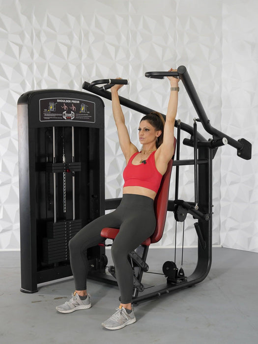 Elite Selectorized Shoulder Press - Muscle D Fitness - Commercial Adjustable Seated Pin Selectorized Shoulder Press Traps Shoulder Workout - Sweatfully