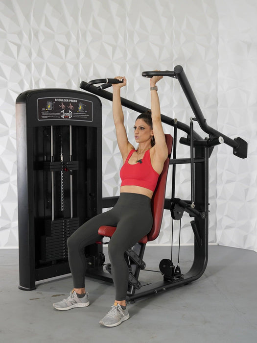 Elite Selectorized Shoulder Press - Muscle D Fitness - Commercial Adjustable Seated Pin Selectorized Shoulder Press Traps Shoulder Workout - Sweatfully
