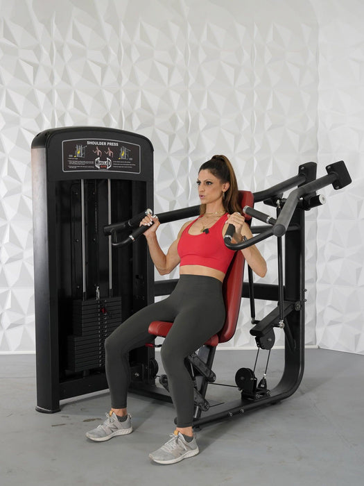 Elite Selectorized Shoulder Press - Muscle D Fitness - Commercial Adjustable Seated Pin Selectorized Shoulder Press Traps Shoulder Workout - Sweatfully