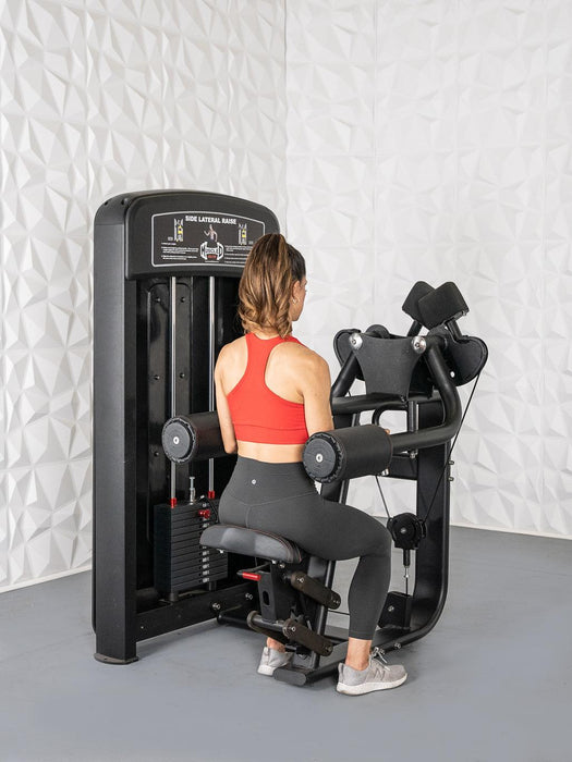 Elite Selectorized Side Lateral Raise - Muscle D Fitness - Commercial - Adjustable Seated - Pin Selectorized - Padded Shoulder Workout - Sweatfully
