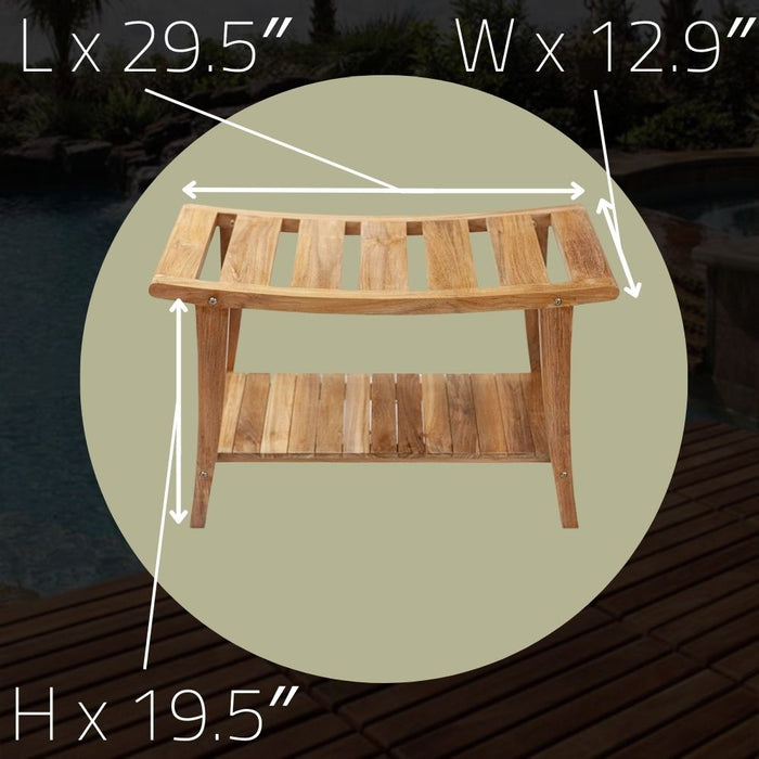 Taipei Natural Teak Shower and Bath Curved Spa Bench with Shelf - Sweatfully