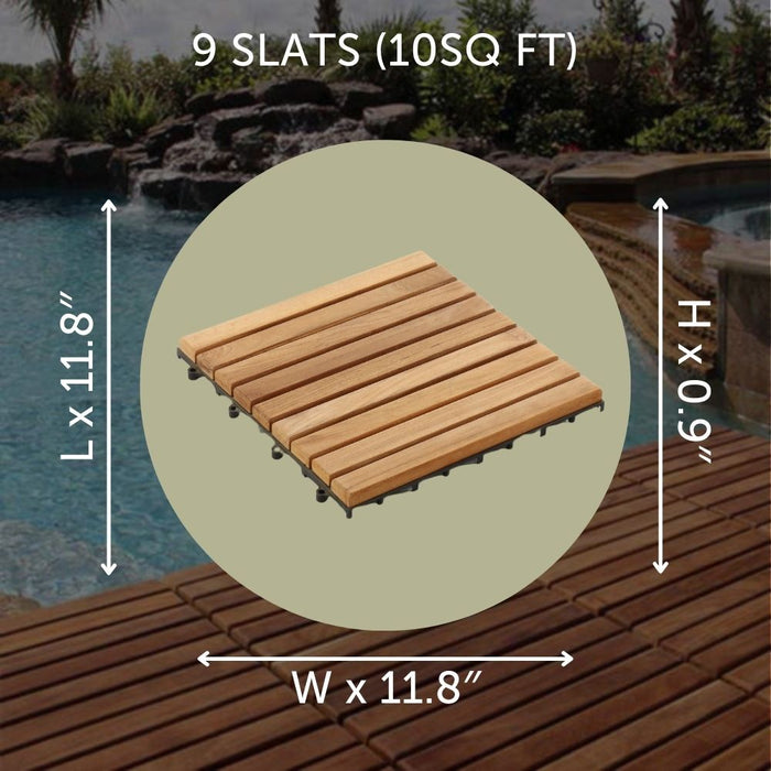 Denali Natural Teak Outdoor Interlocking Tiles, 9 Slat (10 sq ft) - Sweatfully