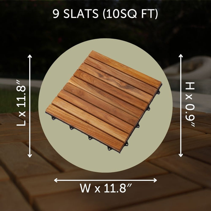 Denali Oiled Teak Outdoor Interlocking Tiles, 9 Slat (10 sq ft) - Sweatfully
