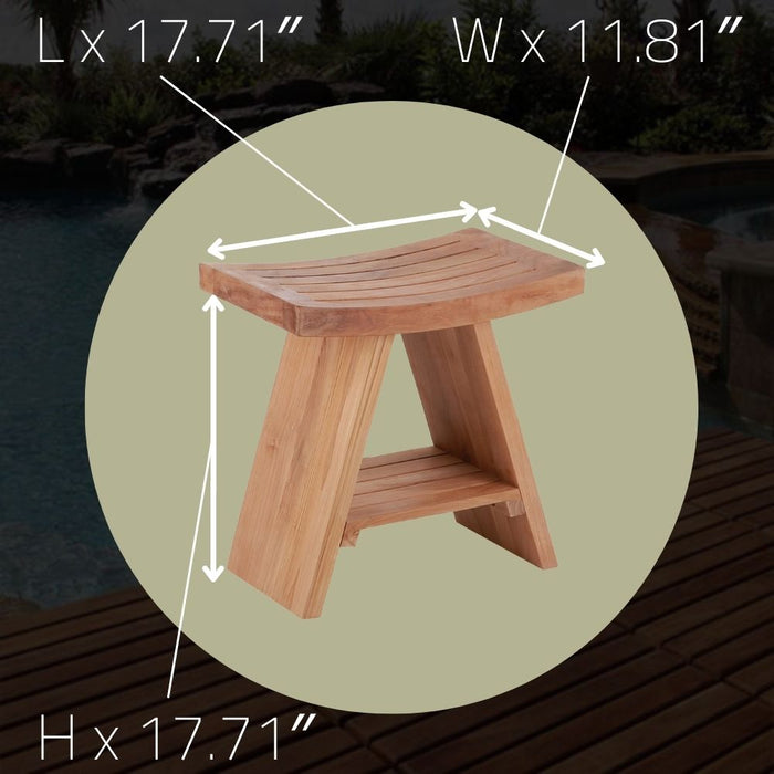 Siena Natural Teak Shower and Bath Stool with Curved Seat and Shelf - Sweatfully