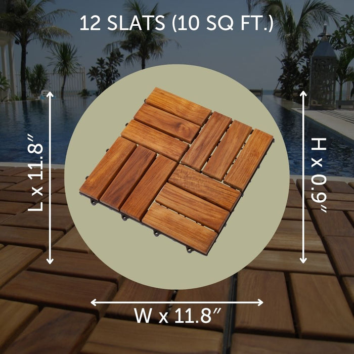 Coastal Oiled Teak Outdoor Interlocking Tiles, 12 Slat (10 sq ft) - Sweatfully
