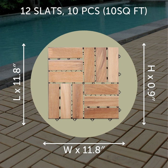 Coastal Natural Teak Outdoor Interlocking Tiles, 12 Slat (10 sq ft) - Sweatfully