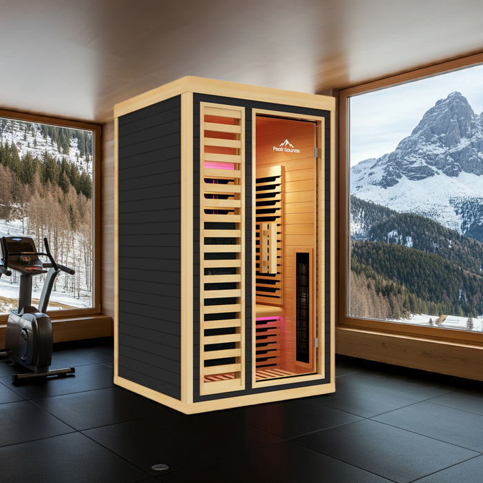 Peak Saunas Shasta 1-Person Indoor Full Spectrum Infrared Sauna with XL Medical-Grade Red Light Therapy & Smart WiFi App Control - Sweatfully