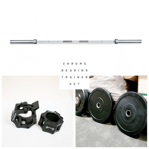 7' Hard Chrome Triple Bearing Olympic Bar and Bumper Plate Set - Sweatfully