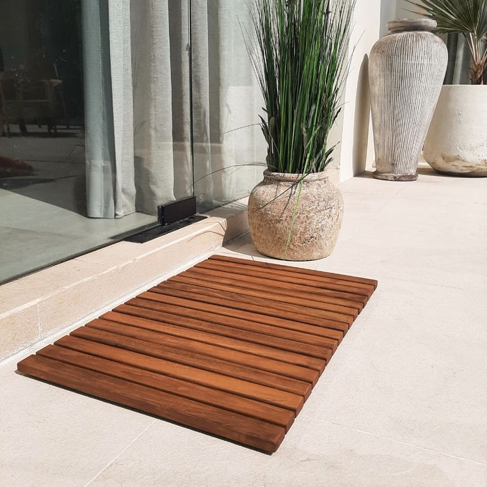 Sunriver Teak Shower and Bath String Mat with Rubber Feet 23.62" x 15.75" - Sweatfully