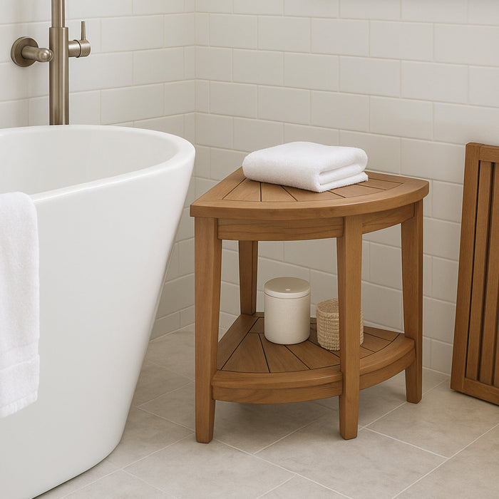 Tanzania Oiled Teak Shower and Bath Corner Stool with Shelf - 17.5" - Sweatfully