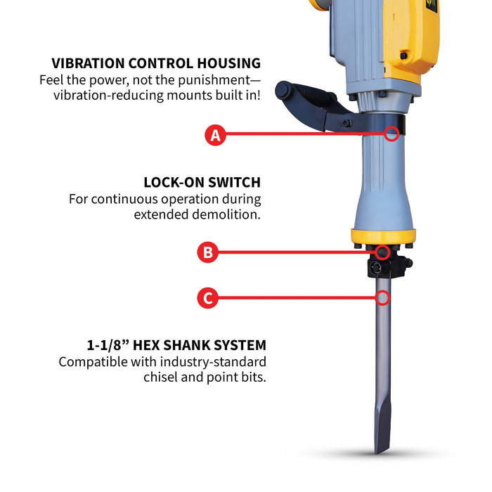 Electric Demolition Jack Hammer 35 lb 1500W 1-1/8" Hex Breaker for Concrete Asphalt Tile Removal Heavy Duty Jackhammer - Sweatfully