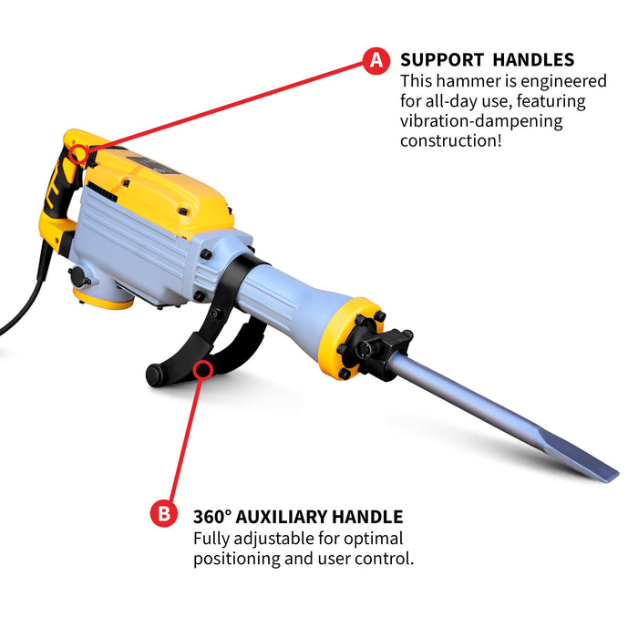 Electric Demolition Jack Hammer 35 lb 1500W 1-1/8" Hex Breaker for Concrete Asphalt Tile Removal Heavy Duty Jackhammer - Sweatfully