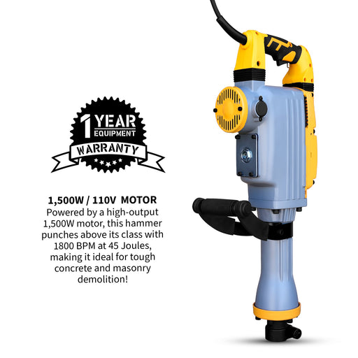 Electric Demolition Jack Hammer 35 lb 1500W 1-1/8" Hex Breaker for Concrete Asphalt Tile Removal Heavy Duty Jackhammer - Sweatfully