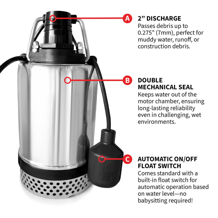 1 HP Submersible Trash Pump, 73 GPM / 4380 GPH, 750W with Automatic Float Switch Top-Outlet Heavy-Duty Stainless Steel Dirty Water 25-ft Power Cord High Flow for Dewatering, Flooded Basements, Pits, Pools, and Construction Sites - Sweatfully