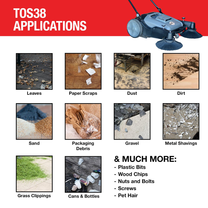 Commercial 38" Push Sweeper with Triple Power Brooms - Sweatfully