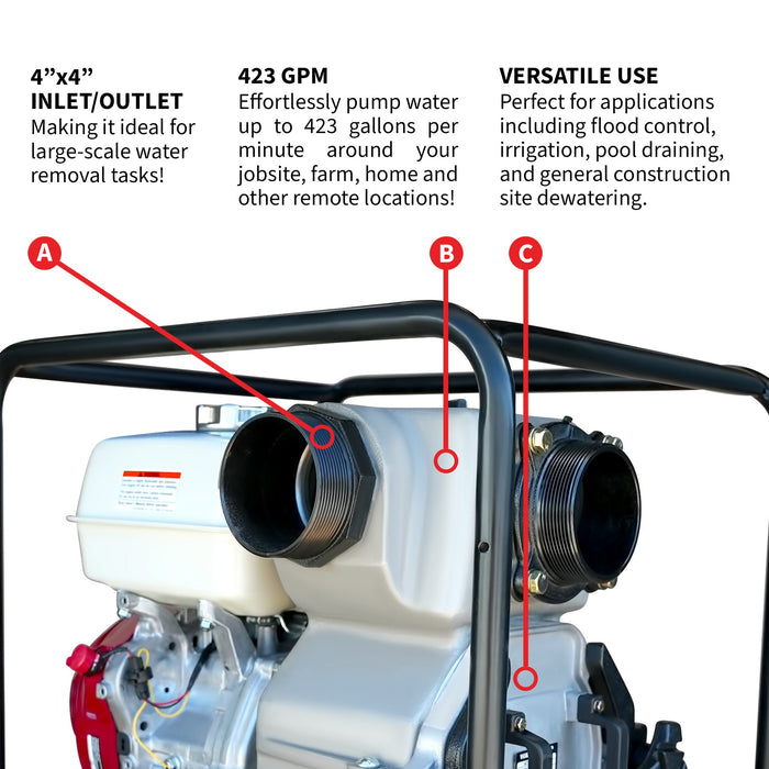 PRE ORDER: 4 Inch Trash Water Pump 423 GPM 13 HP GX390 powered by Honda Portable Utility - Sweatfully