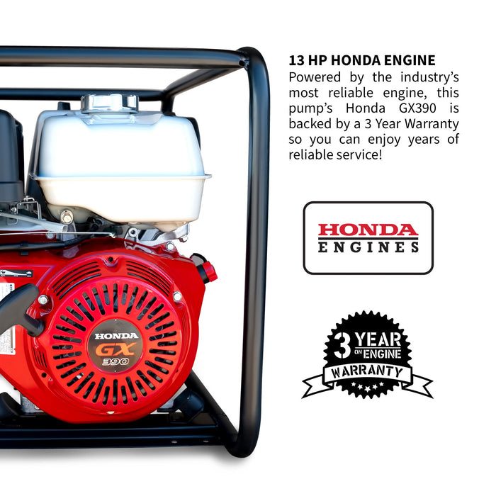 PRE ORDER: 4 Inch Trash Water Pump 423 GPM 13 HP GX390 powered by Honda Portable Utility - Sweatfully