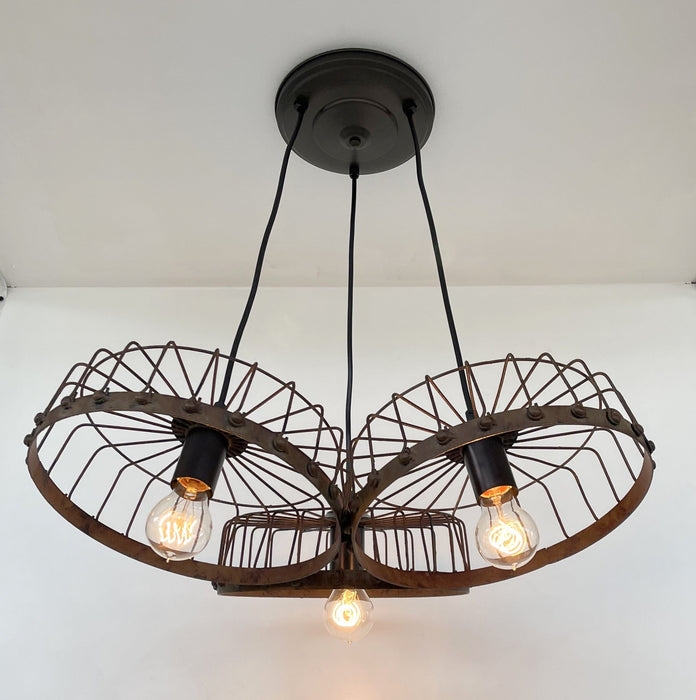Rustic Industrial Wagon Wheel CHANDELIER TRIO Light - Sweatfully