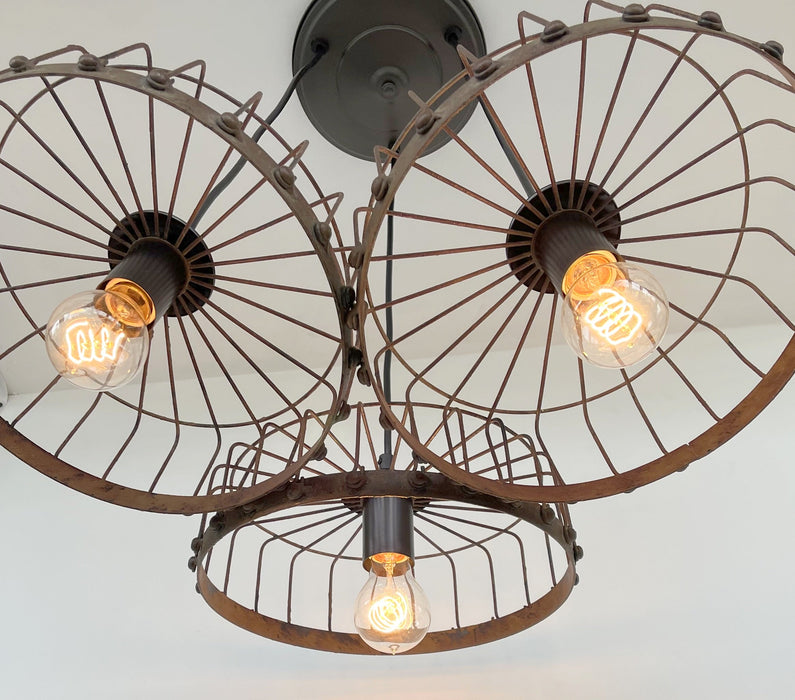 Rustic Industrial Wagon Wheel CHANDELIER TRIO Light - Sweatfully