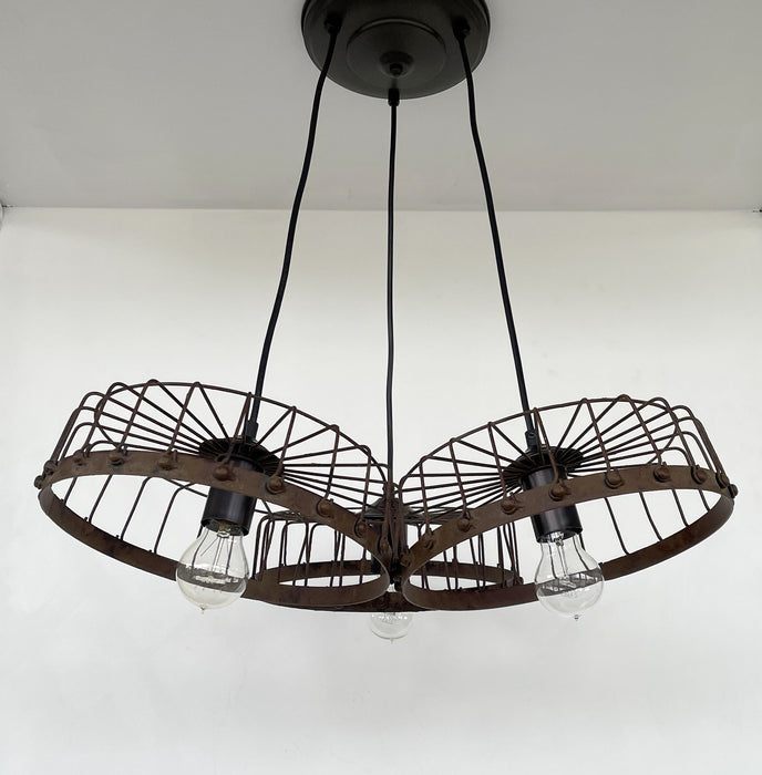 Rustic Industrial Wagon Wheel CHANDELIER TRIO Light - Sweatfully