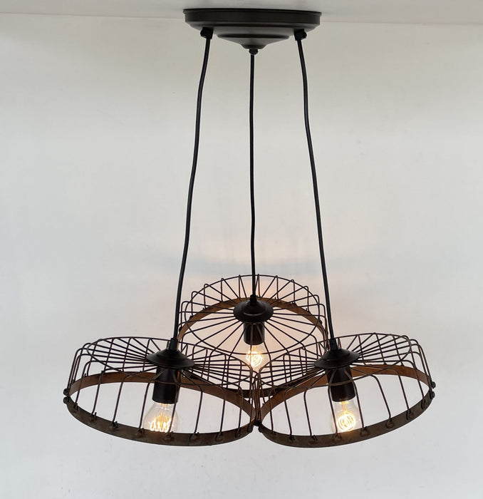 Rustic Industrial Wagon Wheel CHANDELIER TRIO Light - Sweatfully