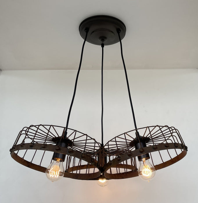 Rustic Industrial Wagon Wheel CHANDELIER TRIO Light - Sweatfully