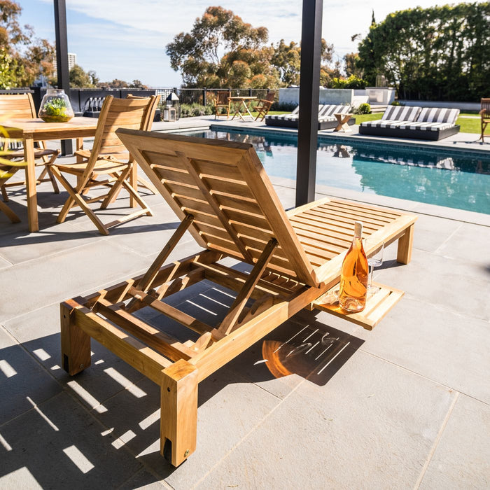 Cancun Natural Teak Outdoor Chaise Lounger with Side Table - Sweatfully