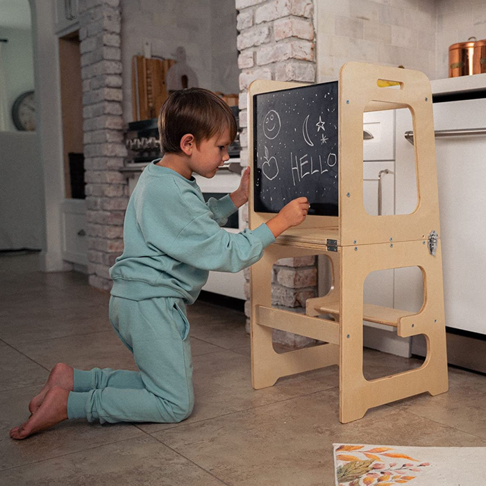 Date - 4 in 1 Kitchen Tower, Desk, Step Stool and Chalkboard - Sweatfully