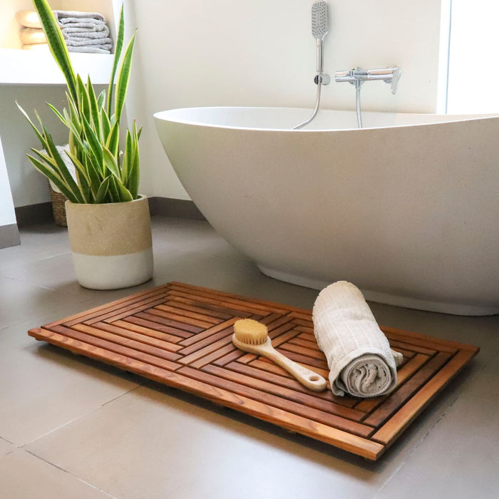 Denver Oiled Double Framed Teak Shower and Bath Mat 39" x 19" - Sweatfully